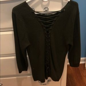 Dark olive green sweater/ lace up back